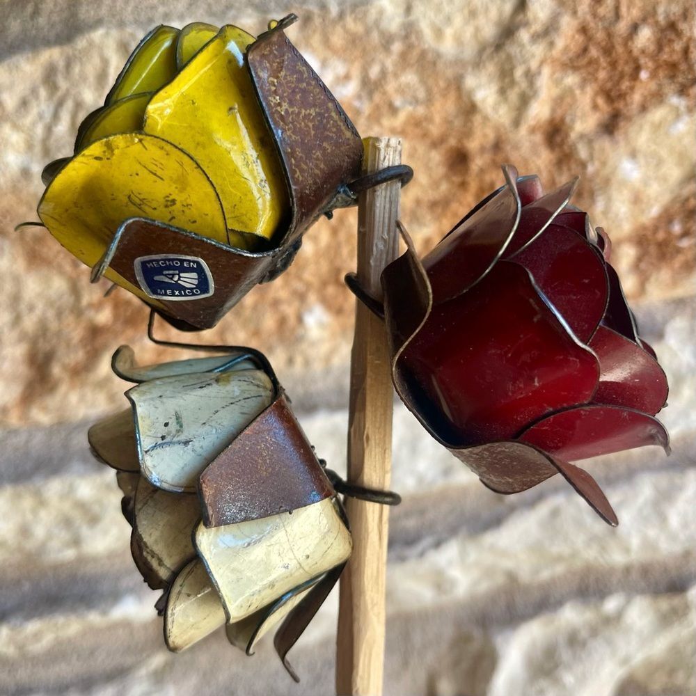 Rustic Painted Forged Metal Decorative Rose Bloom Trio in White Red Yellow - Picture 14 of 16